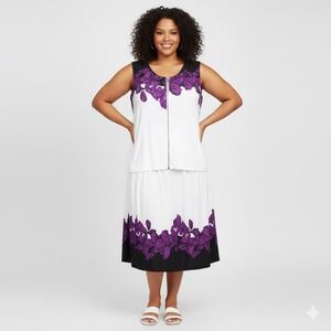 NEW Ashley Stewart Midi Skirt Women Plus 22 24‎ White Purple Flower Stretch Work